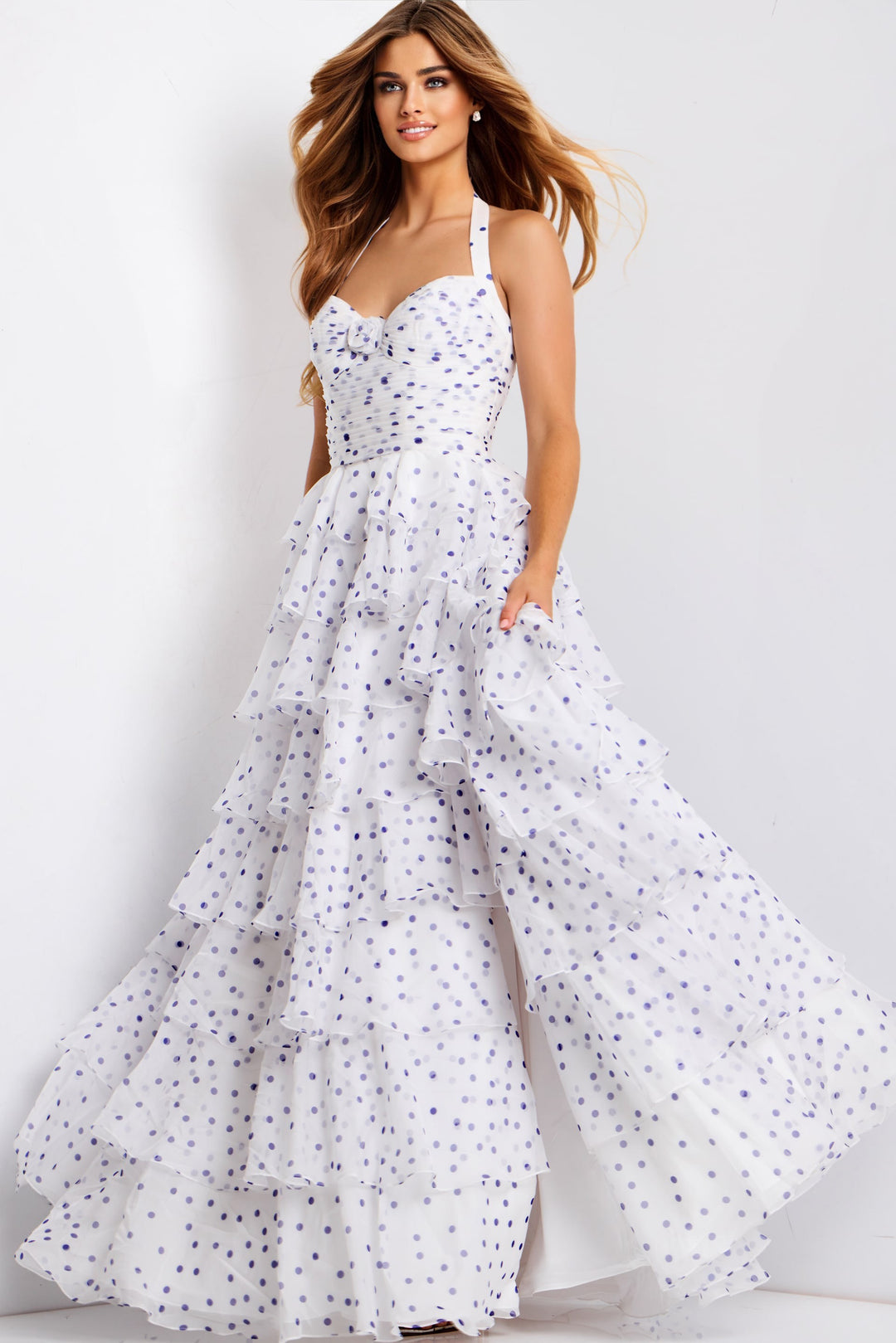 Jovani 49776 Polka Dot A-Line Prom Dress With Tiered Skirt OFF WHITE/PURPLE / 10