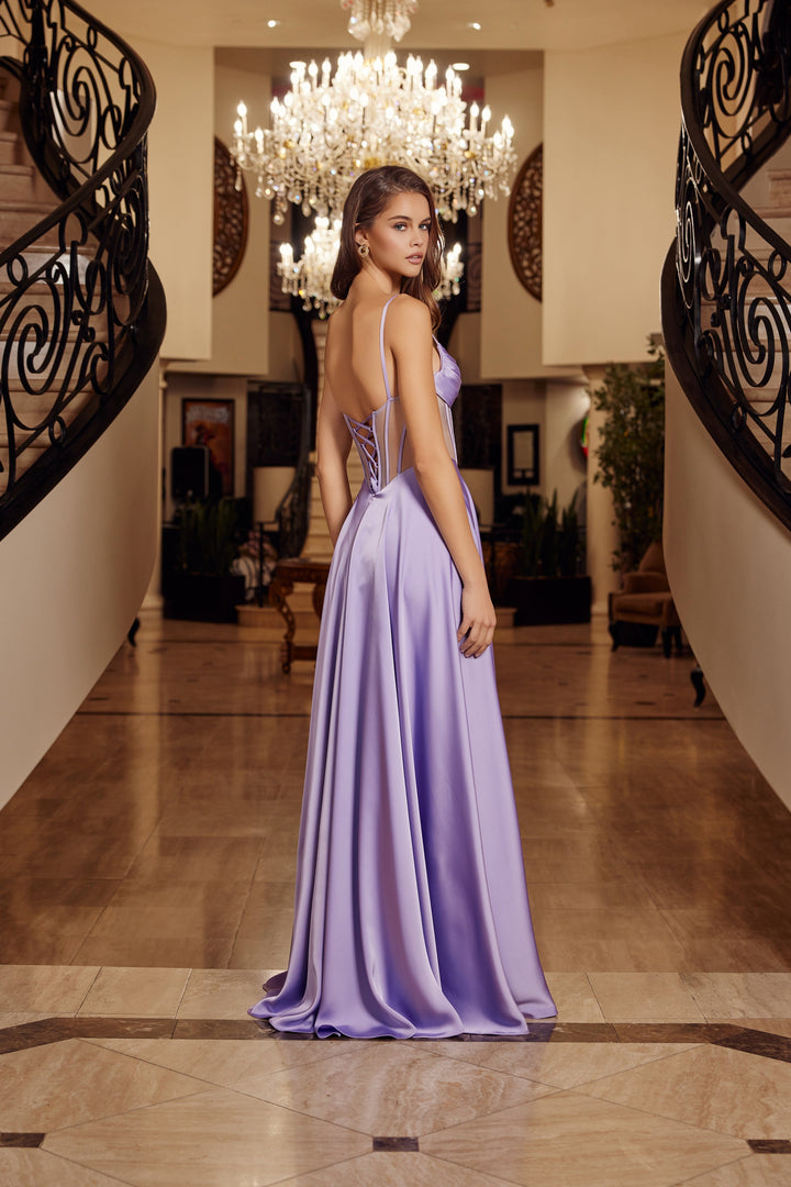 Nox Anabel A1738 prom dress with A-line silhouette and leg slit