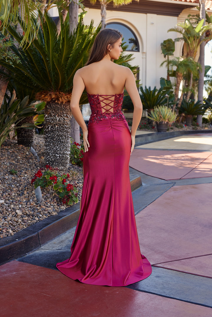 Nox Anabel A1743 strapless prom dress with thigh slit detail
