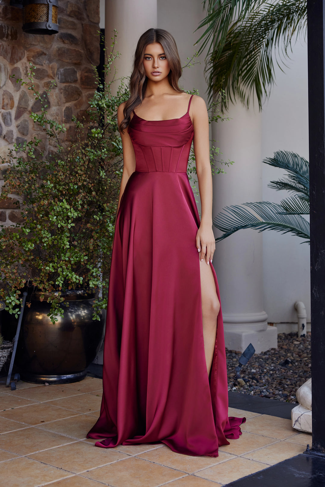 Nox Anabel A1744 prom dress with scoop neckline and thigh slit