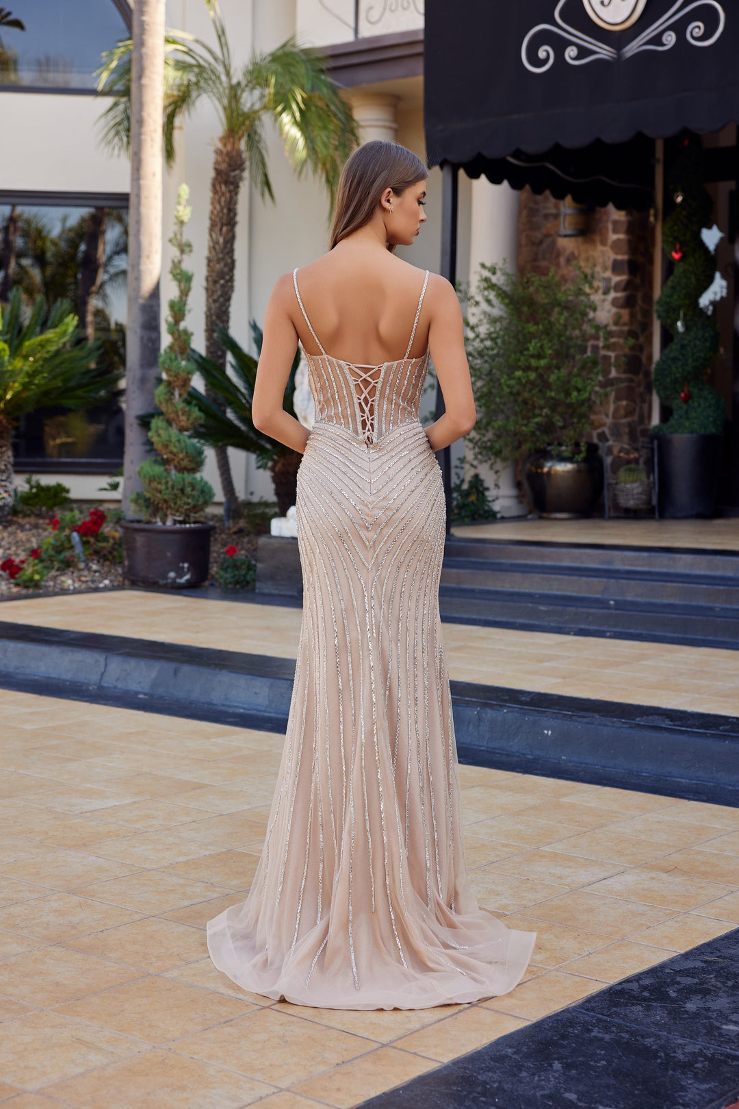 Nox Anabel A1746 fitted tulle prom dress with deep V neckline