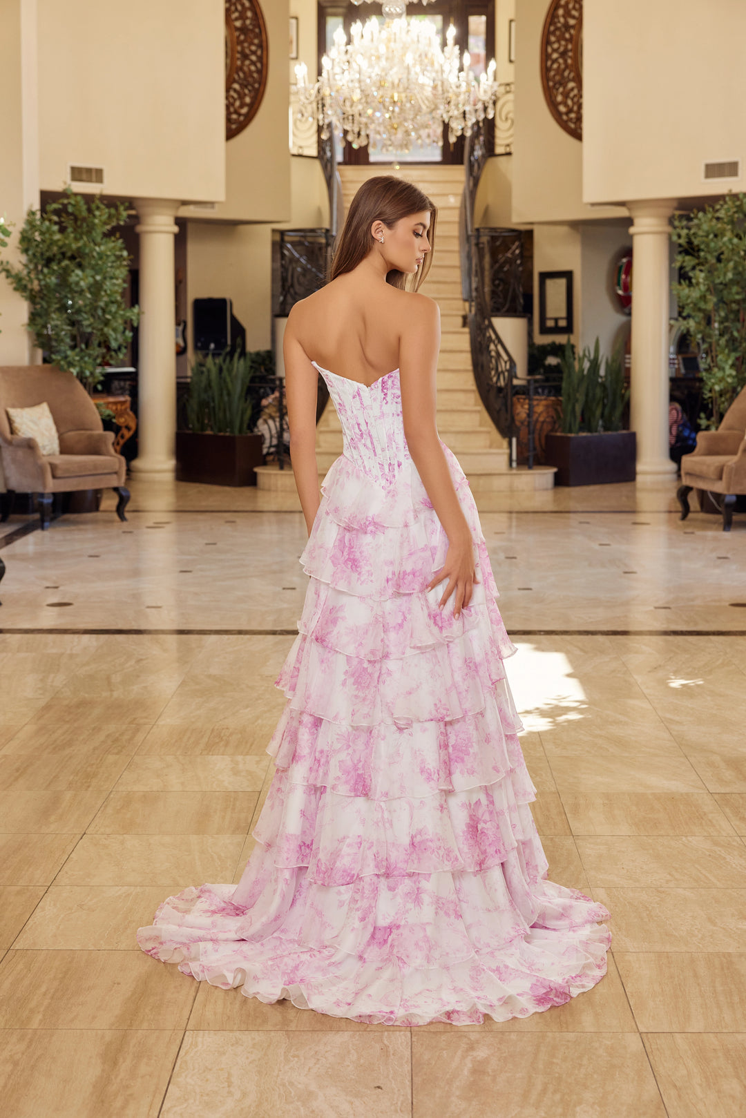 Nox Anabel A1752 strapless floral print prom dress with slit