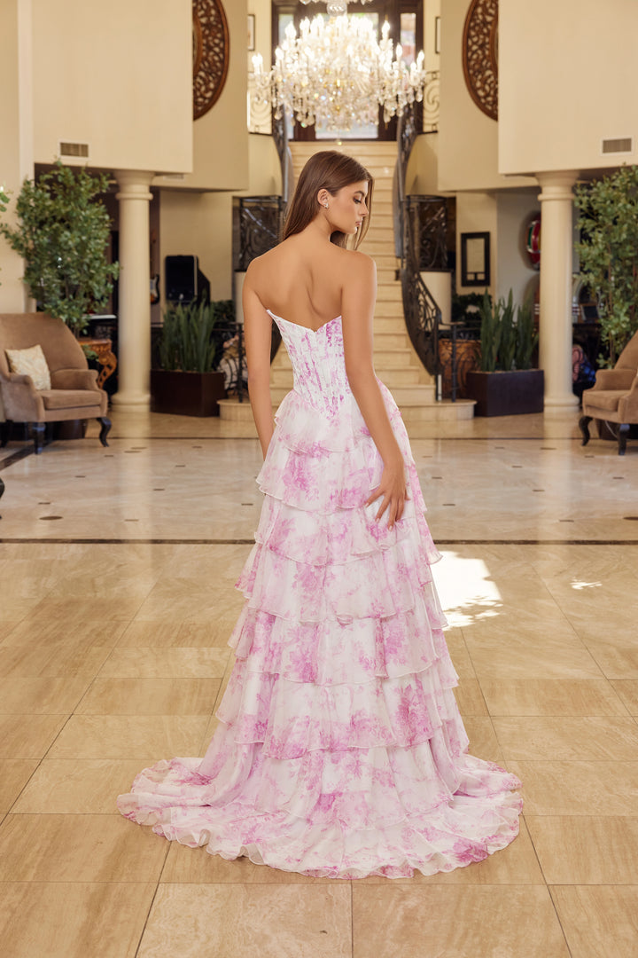 Nox Anabel A1752 strapless floral print prom dress with slit