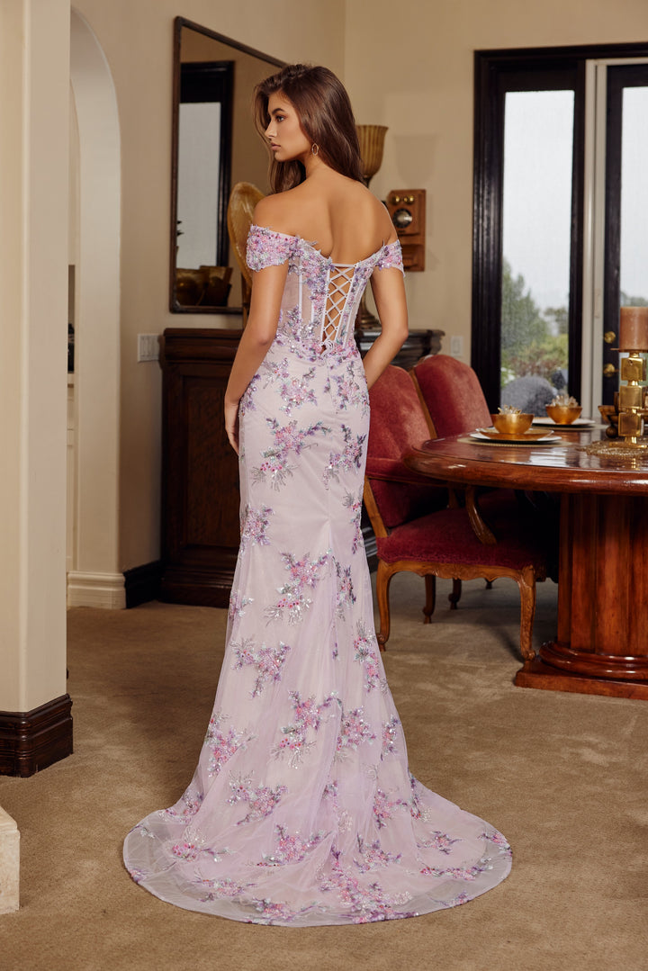 Nox Anabel C1829 off-the-shoulder prom dress with thigh-high slit