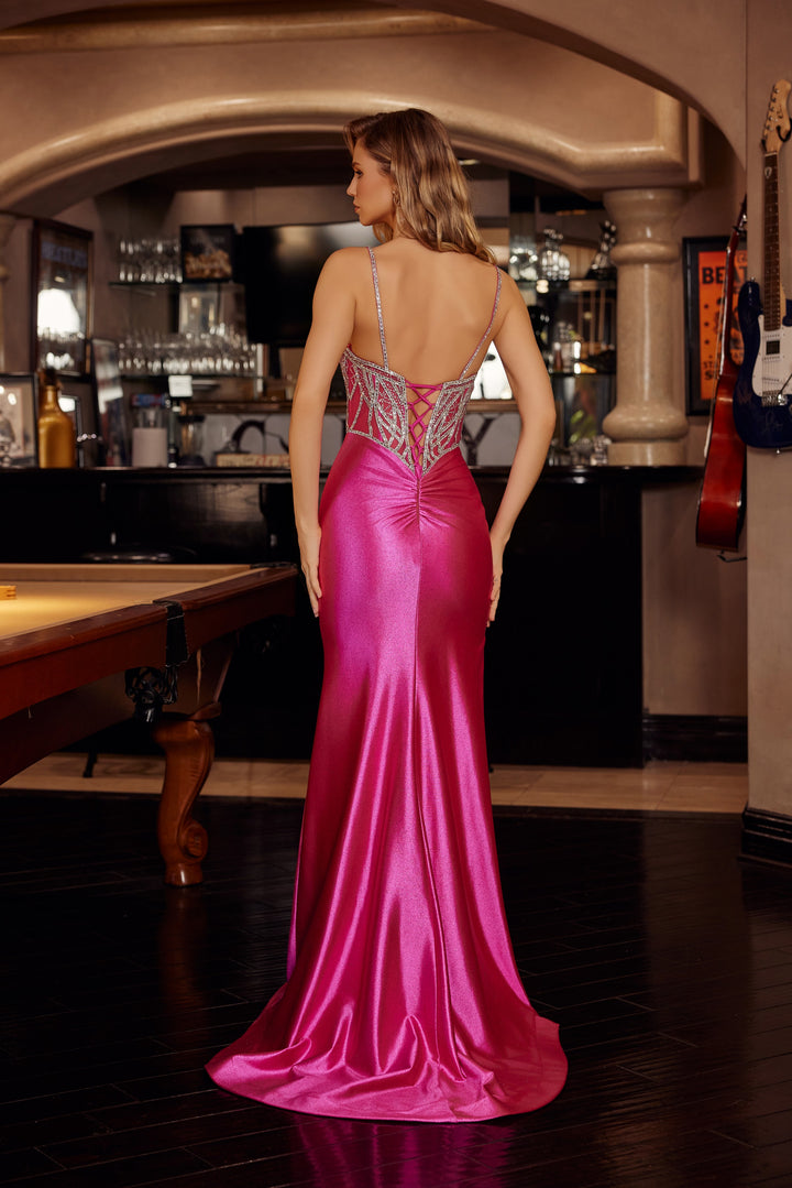 Nox Anabel C1832 fitted shimmer jersey prom dress with thigh slit