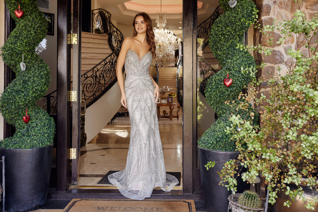 Nox Anabel C1833 strapless beaded prom dress with peaked neckline