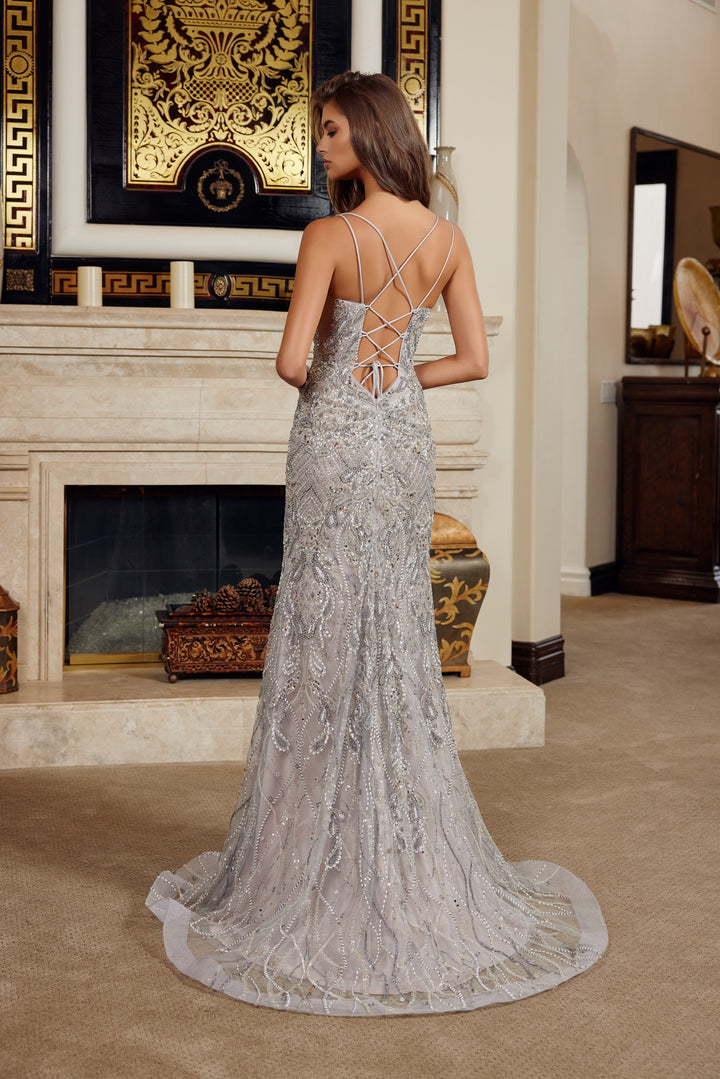 Nox Anabel C1834 fitted beaded prom dress with thigh high slit