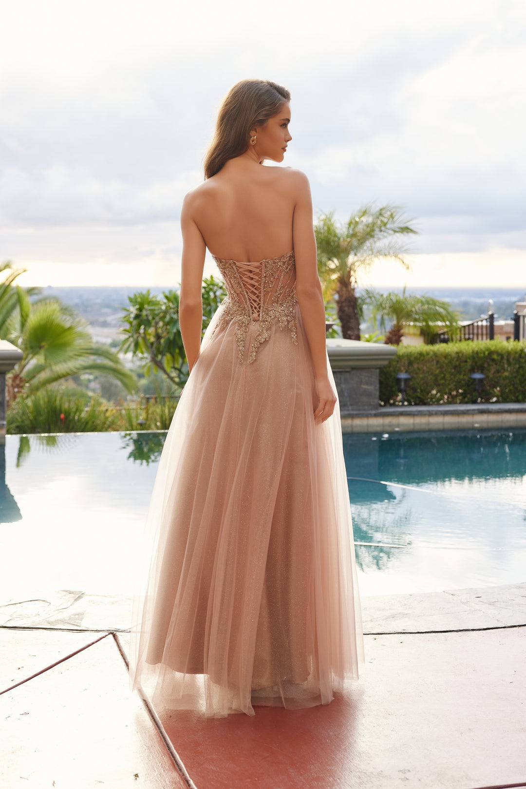 Nox Anabel C1843 prom dress with peaked neckline and thigh slit