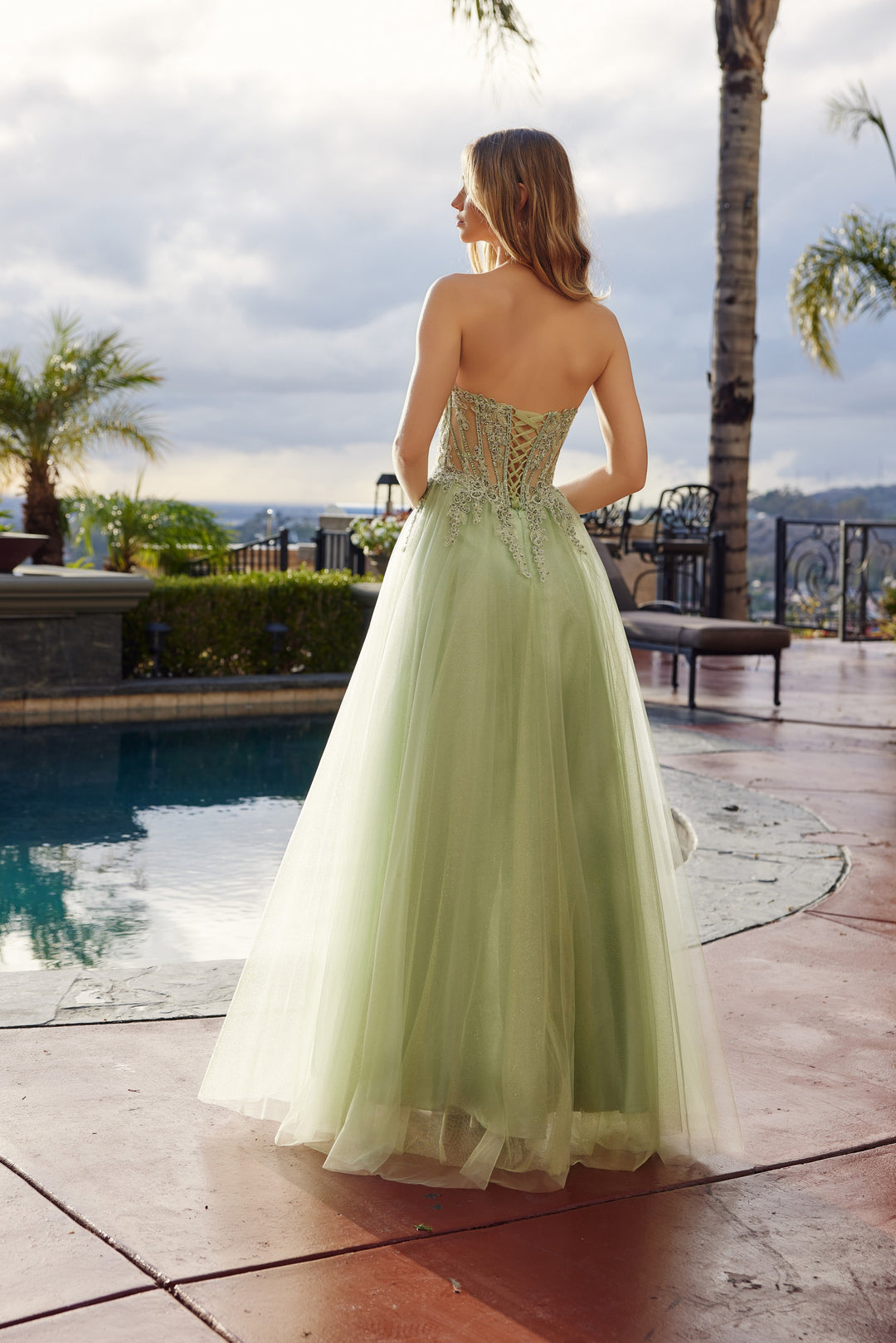 Nox Anabel C1843 prom dress with peaked neckline and thigh slit