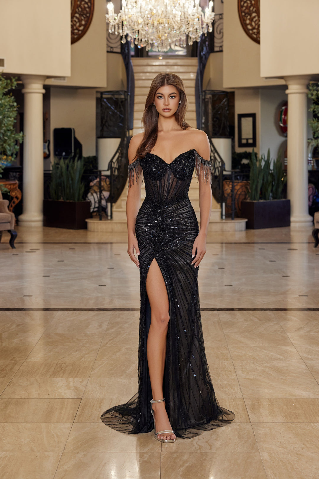 Nox Anabel C1850 off shoulder prom dress with thigh high slit