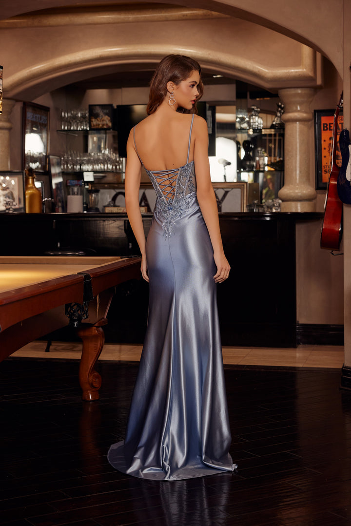 Nox Anabel D1766 shiny satin prom dress with plunging V neckline