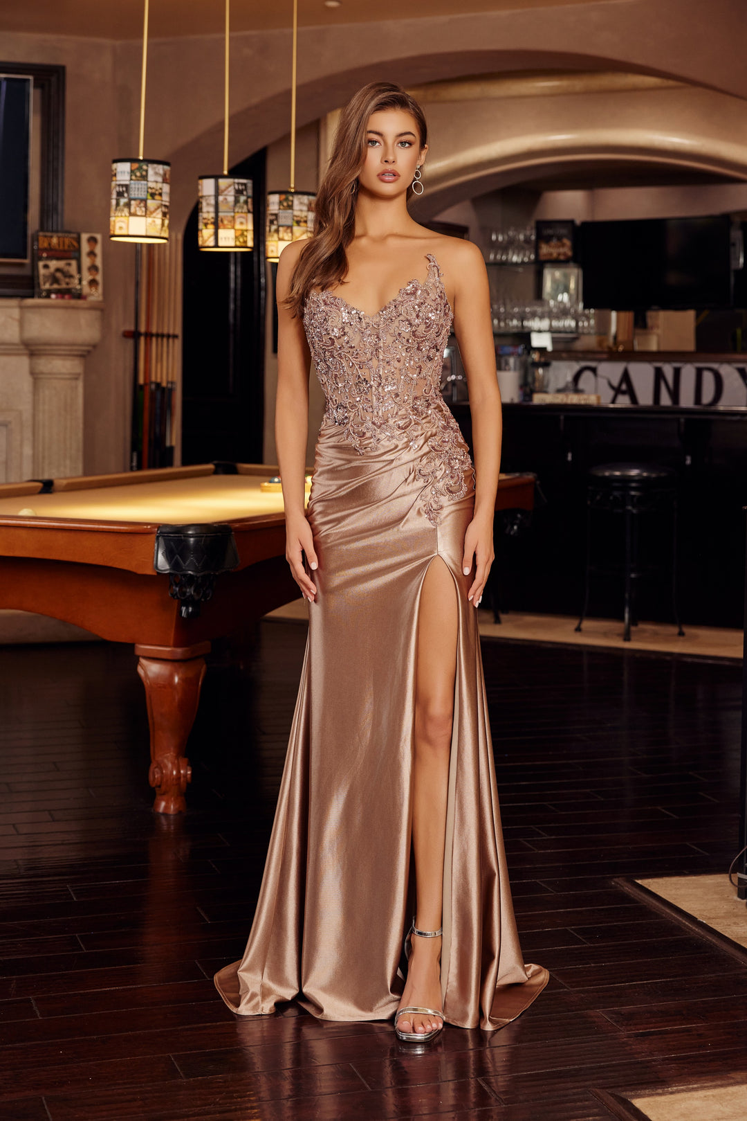 fitted lace wedding dress Gold V Neck Prom Dress With Rhinestone Beading And Open Lace Back main image 1