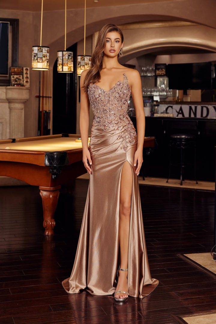 Nox Anabel E1889 strapless fit and flare prom prom dress with high slit
