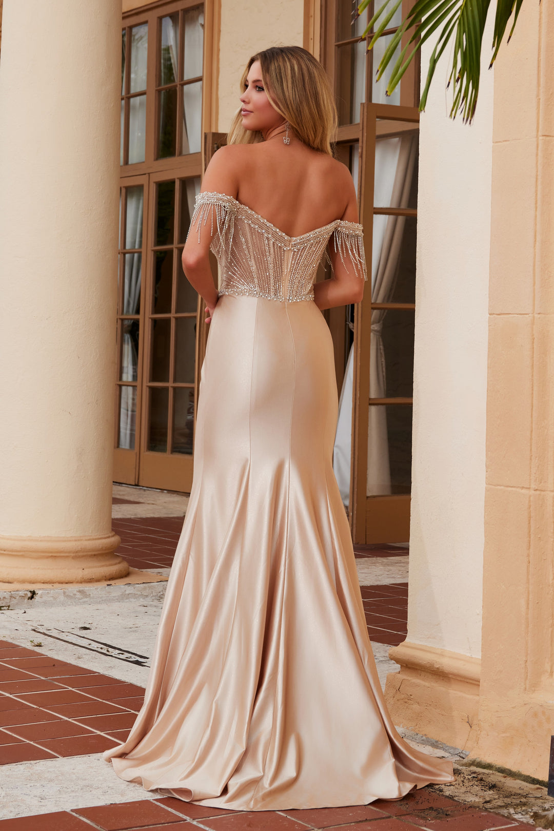 NOX ANABEL F1568 Beaded Satin V-Neck Off-Shoulder Dress