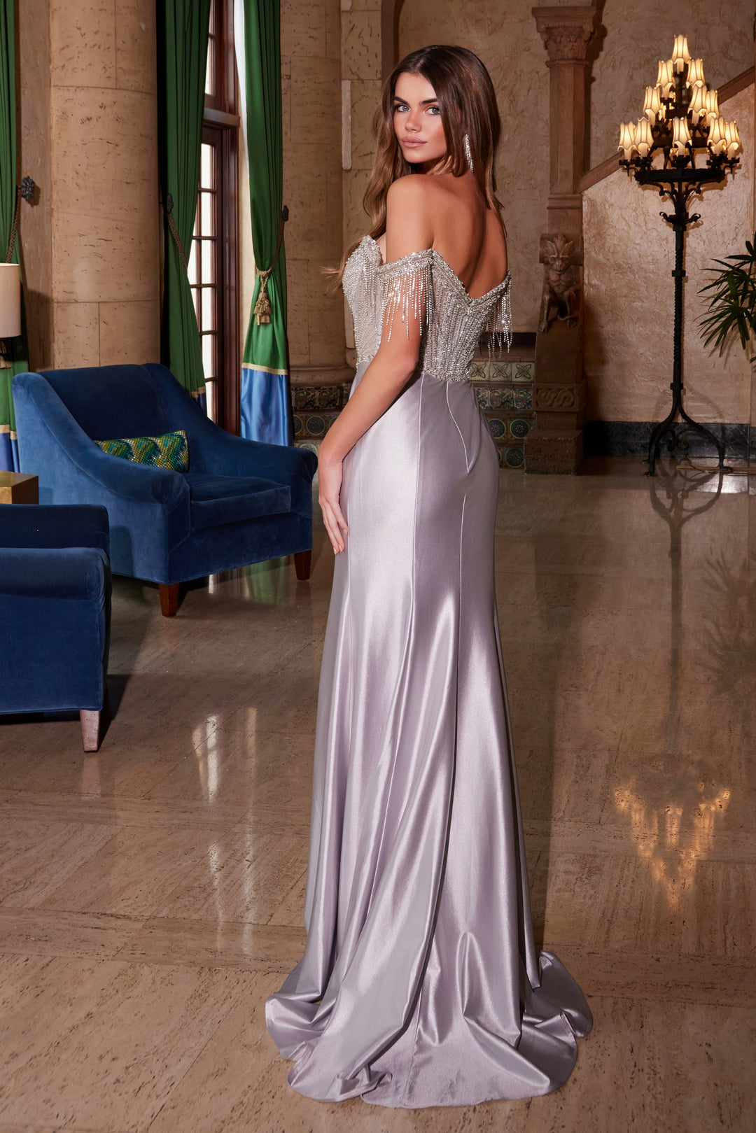 NOX ANABEL F1568 Beaded Satin V-Neck Off-Shoulder Dress
