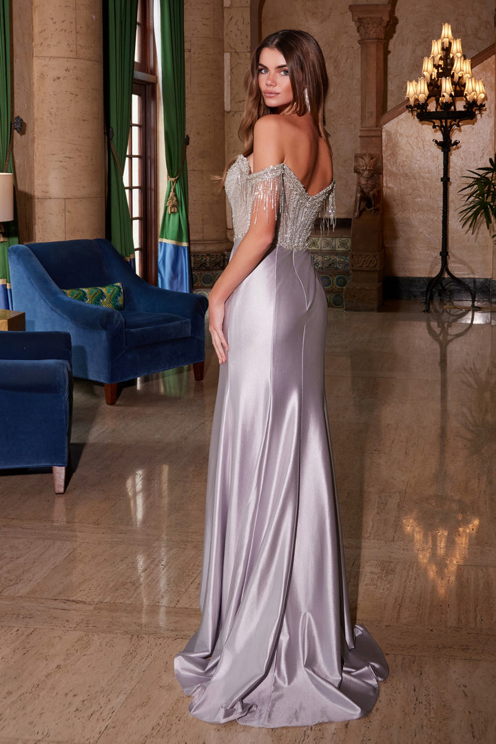 NOX ANABEL F1568 Beaded Satin V-Neck Off-Shoulder Dress