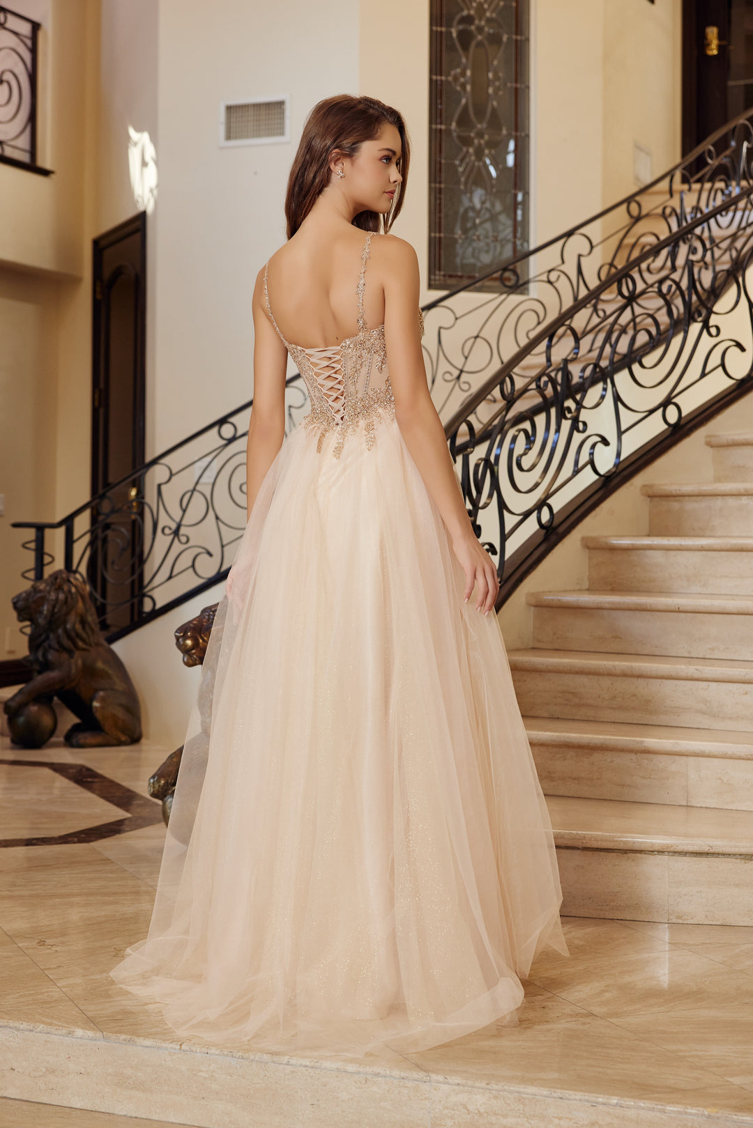 Nox Anabel F1726 fit and flare tulle prom dress with plunging neckline
