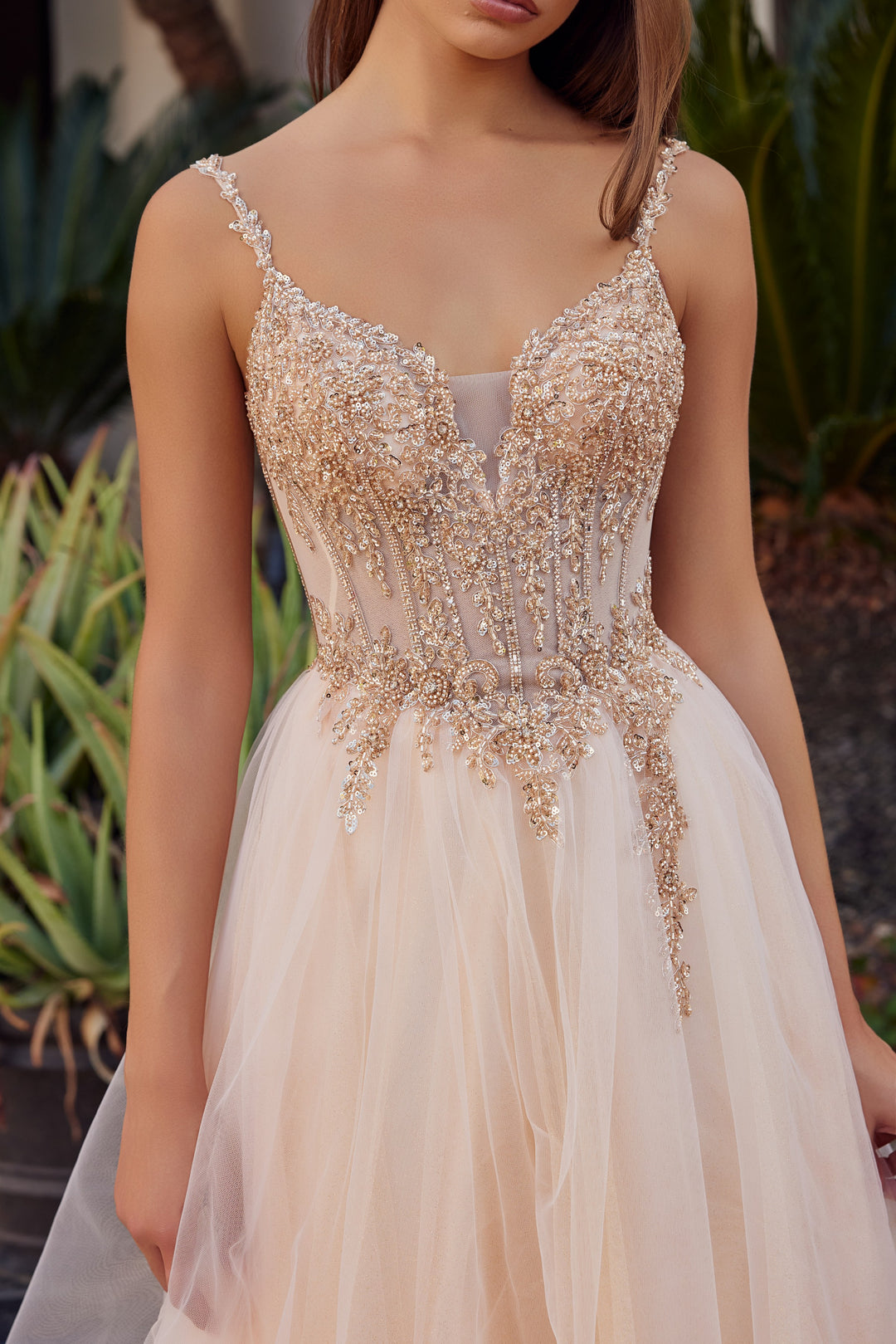 Nox Anabel F1726 fit and flare tulle prom dress with plunging neckline