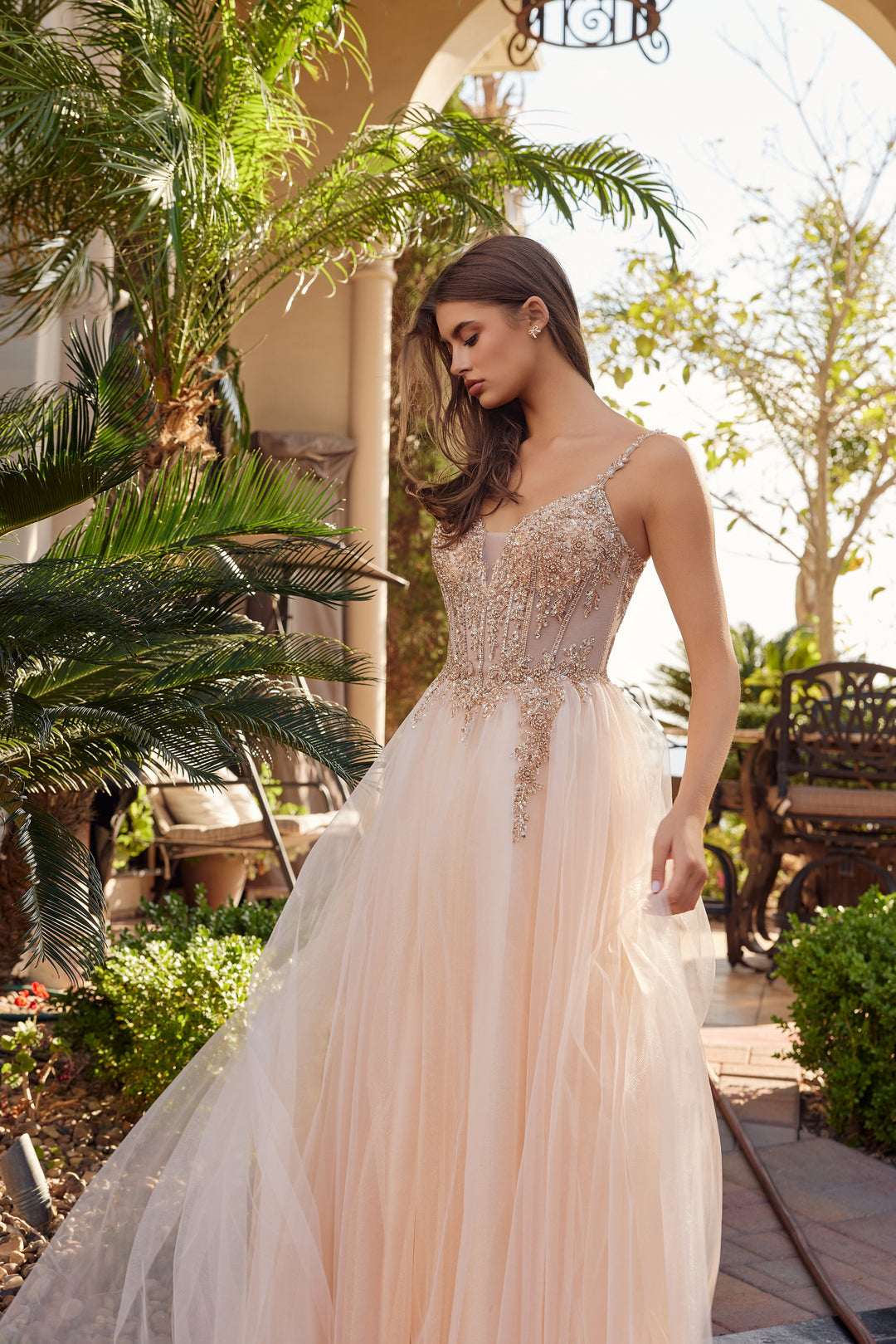 Nox Anabel F1726 fit and flare tulle prom dress with plunging neckline