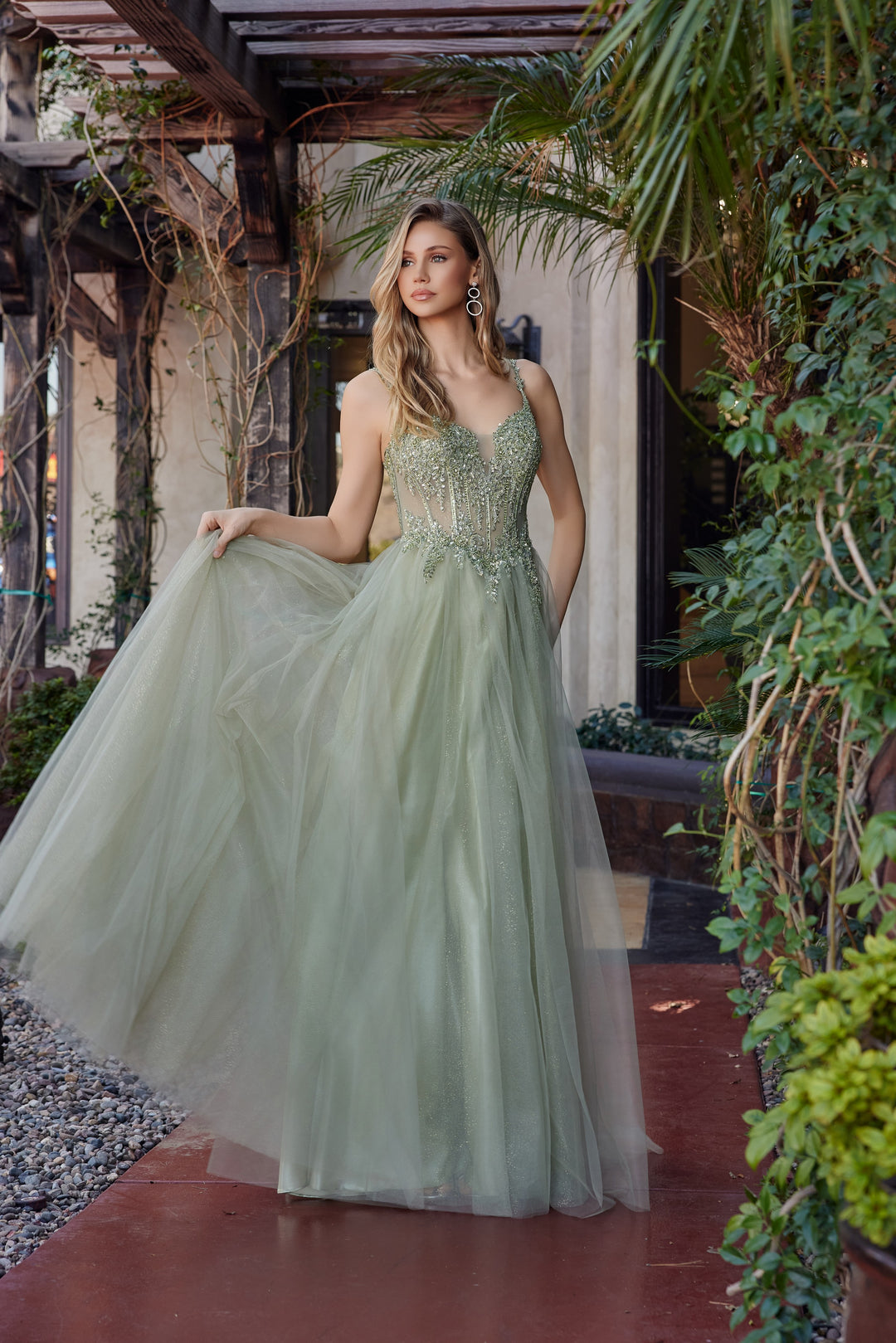 Nox Anabel F1726 fit and flare tulle prom dress with plunging neckline