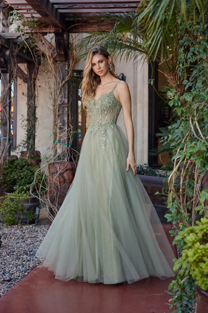 Nox Anabel F1726 fit and flare tulle prom dress with plunging neckline