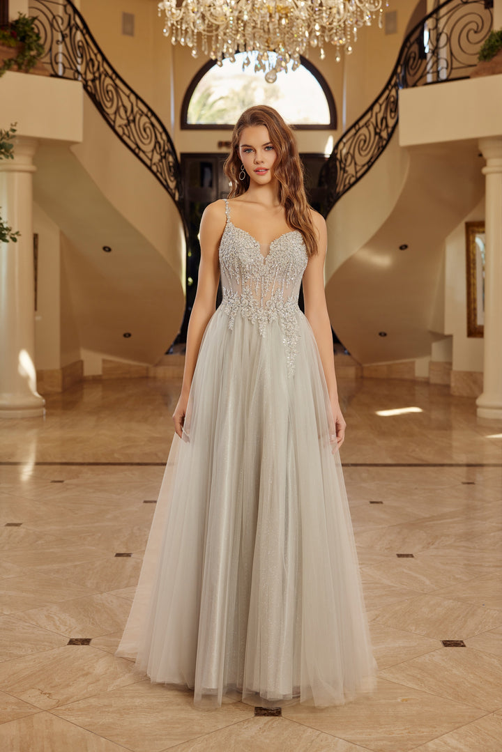 Nox Anabel F1726 fit and flare tulle prom dress with plunging neckline