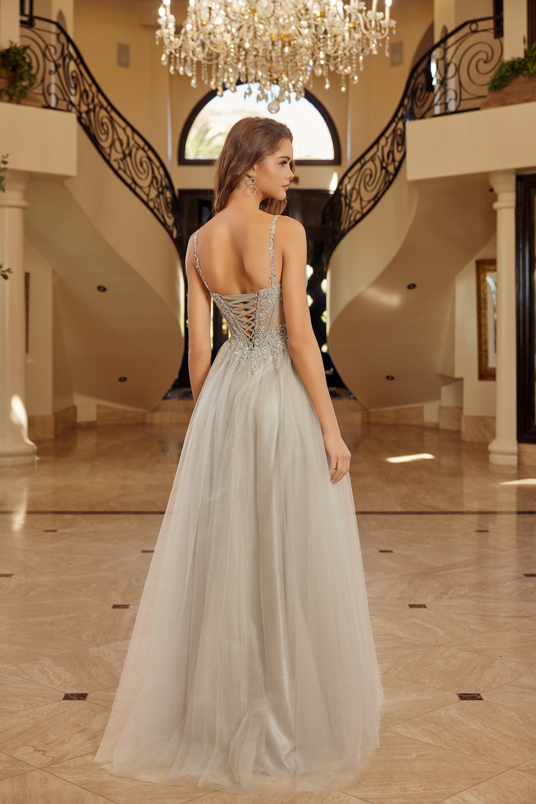 Nox Anabel F1726 fit and flare tulle prom dress with plunging neckline