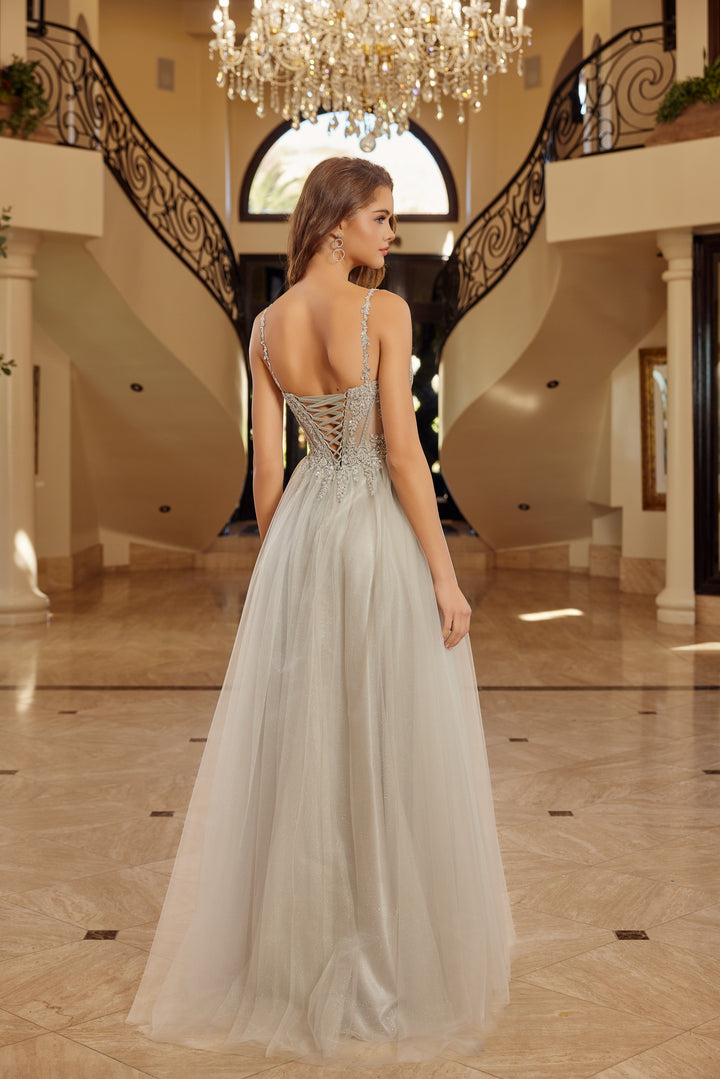 Nox Anabel F1726 fit and flare tulle prom dress with plunging neckline