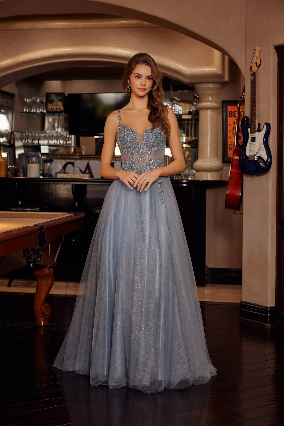 Nox Anabel F1726 fit and flare tulle prom dress with plunging neckline