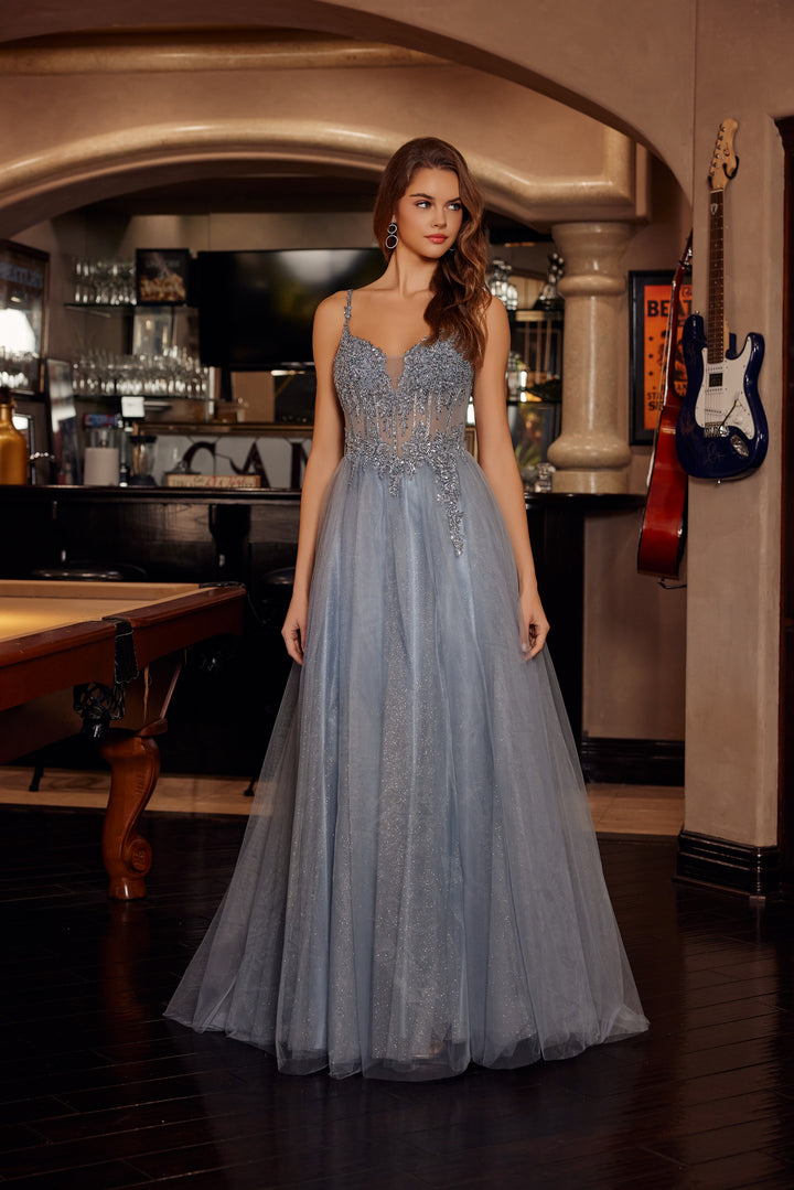 Nox Anabel F1726 fit and flare tulle prom dress with plunging neckline