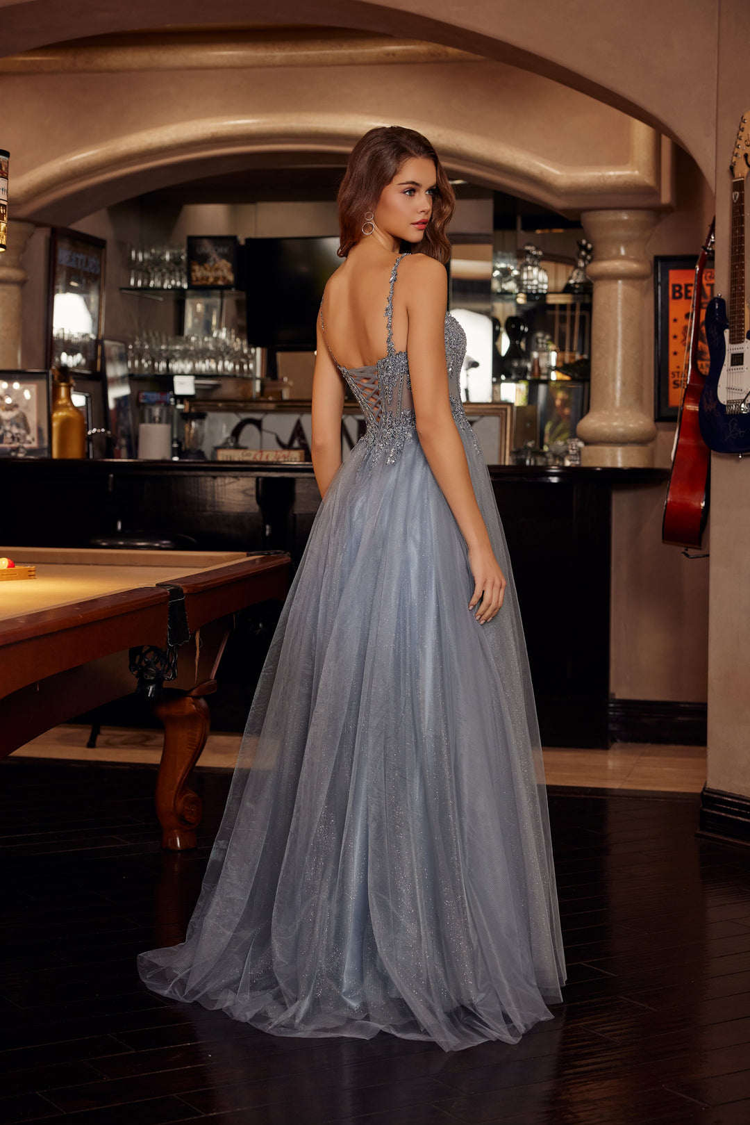 Nox Anabel F1726 fit and flare tulle prom dress with plunging neckline