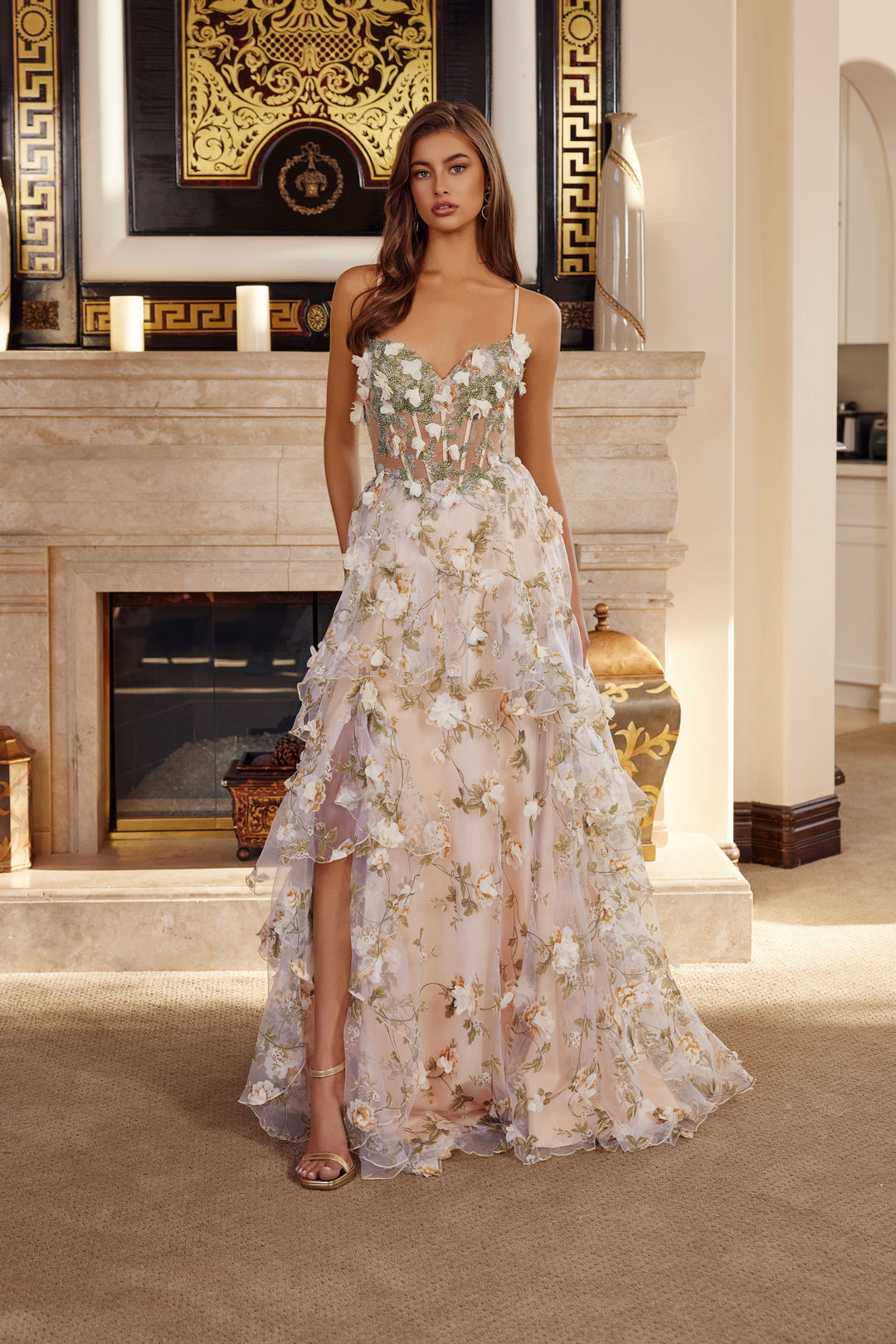 Nox Anabel G1783 long organza prom dress with flower appliqué