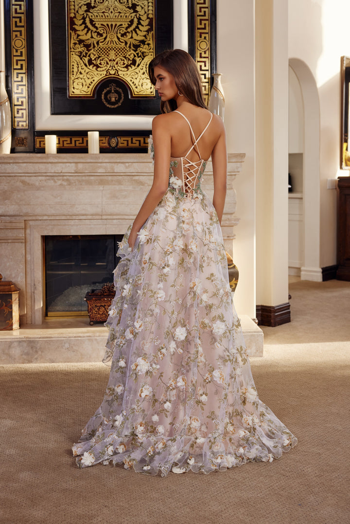 Nox Anabel G1783 long organza prom dress with flower appliqué