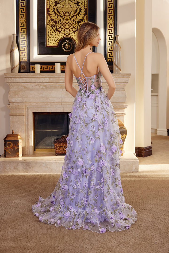 Nox Anabel G1783 long organza prom dress with flower appliqué