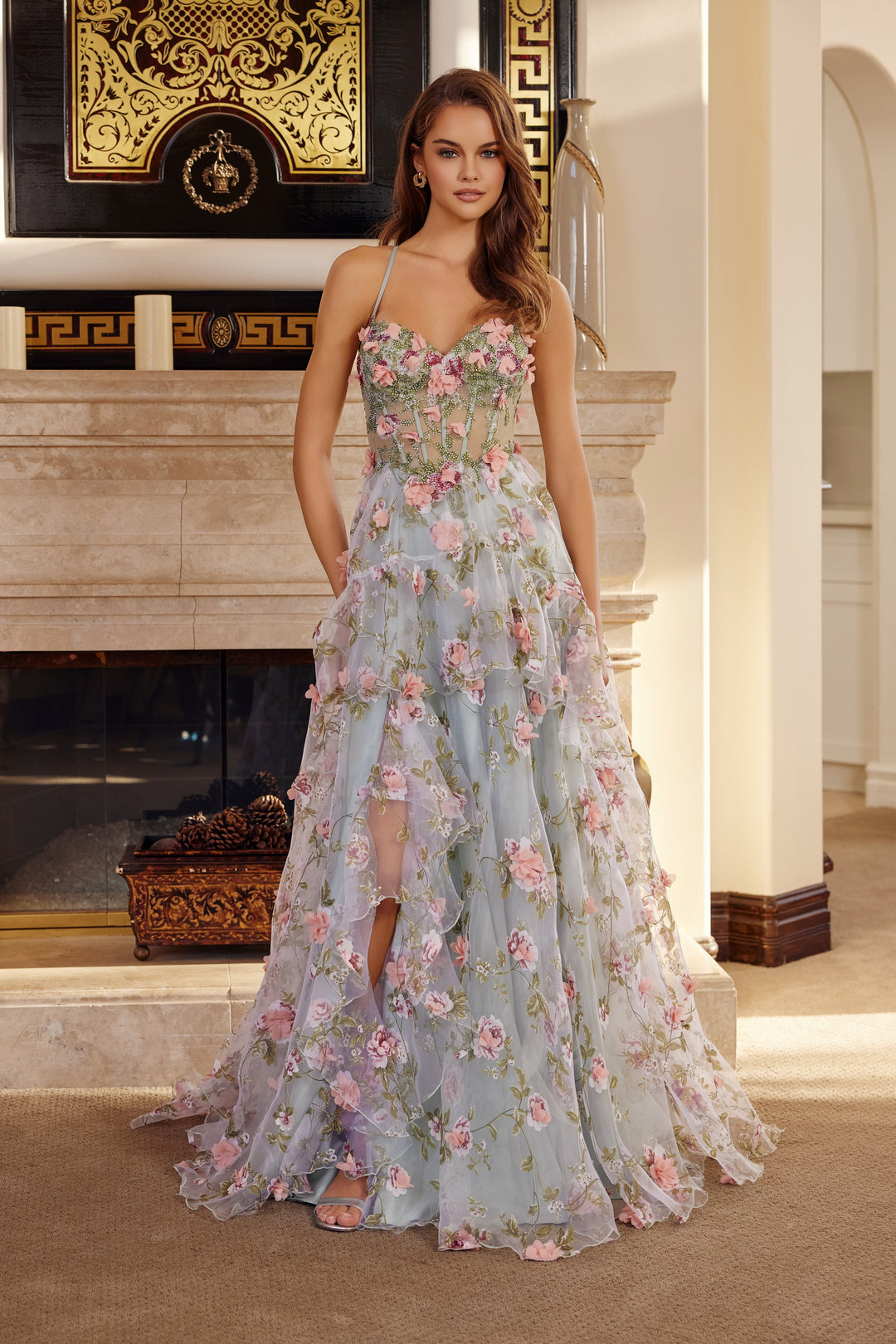 Nox Anabel G1783 long organza prom dress with flower appliqué