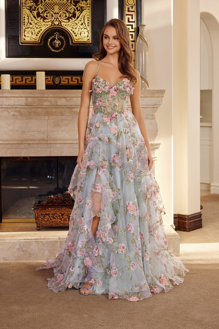 Nox Anabel G1783 long organza prom dress with flower appliqué