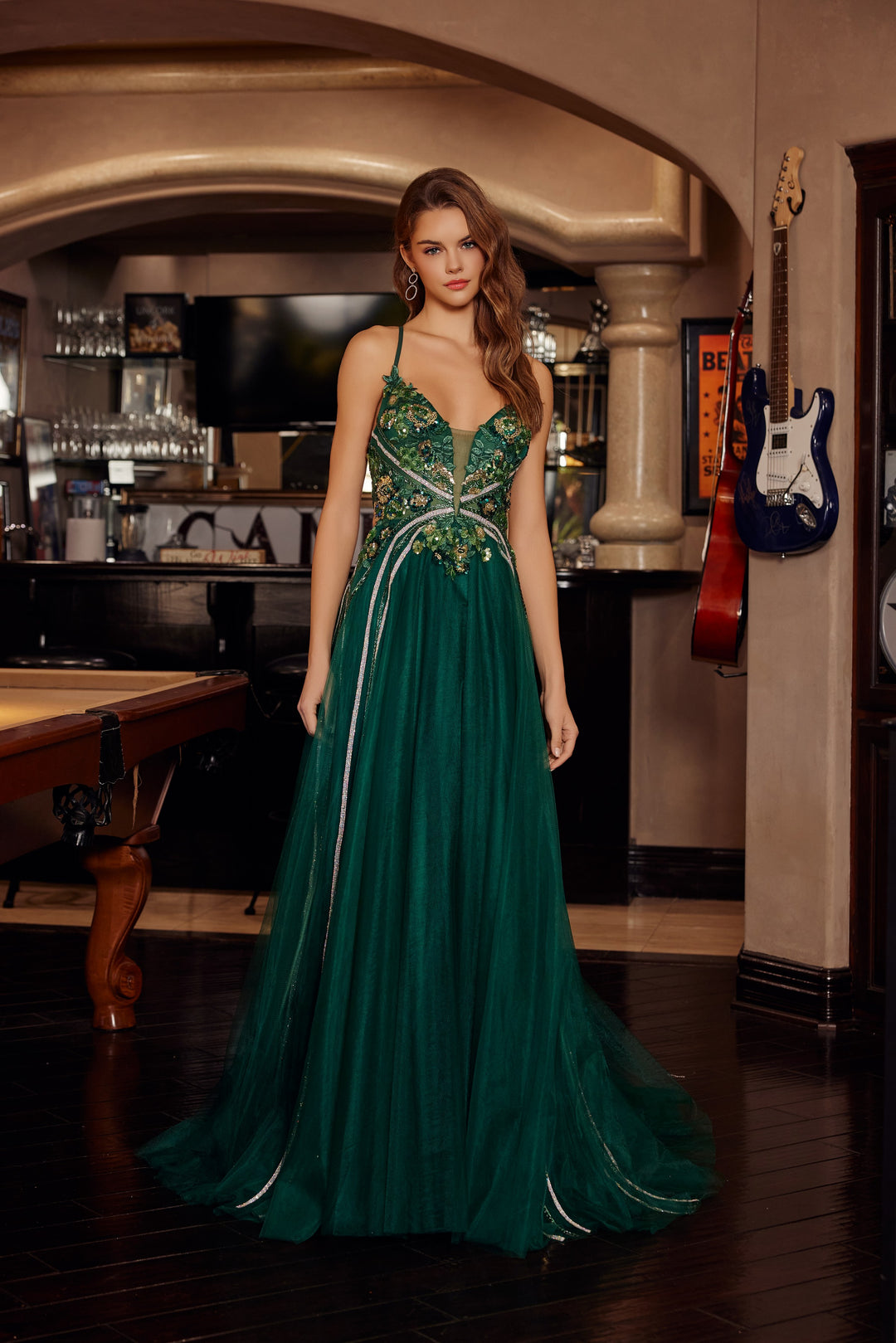 Nox Anabel G1795 fit and flare prom dress with plunging v neckline