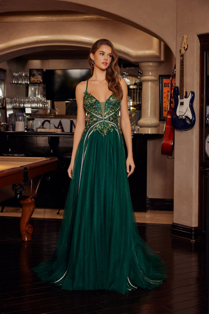 Nox Anabel G1795 fit and flare prom dress with plunging v neckline