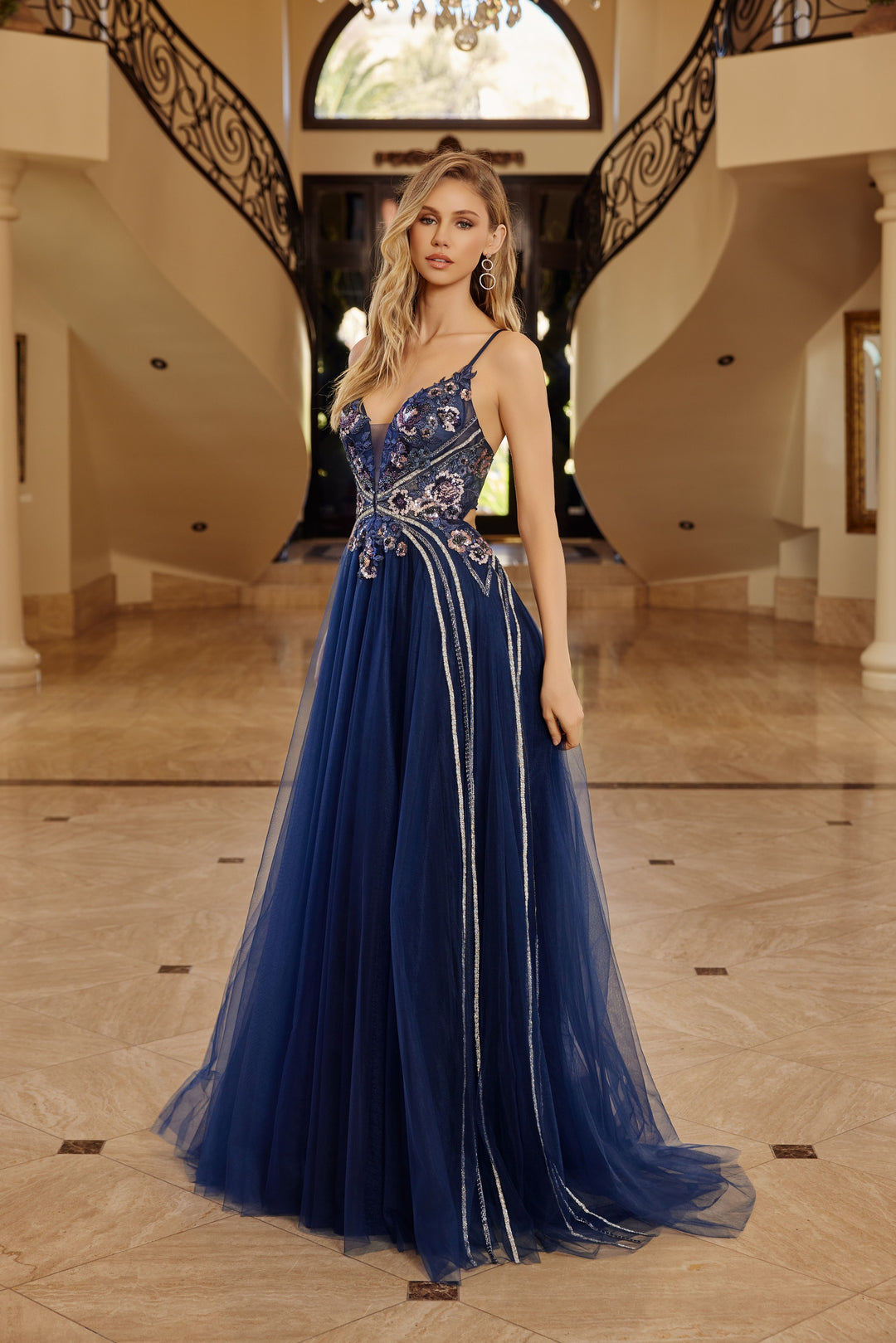 Nox Anabel G1795 fit and flare prom dress with plunging v neckline