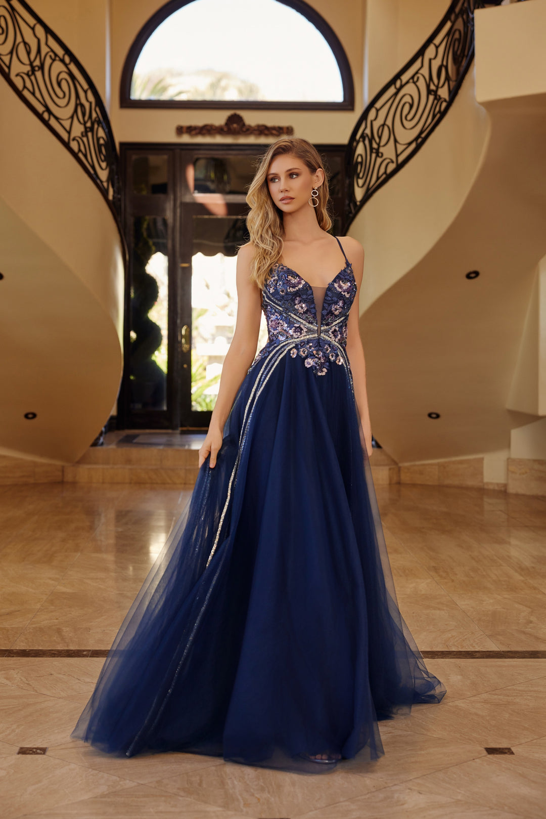 Nox Anabel G1795 fit and flare prom dress with plunging v neckline