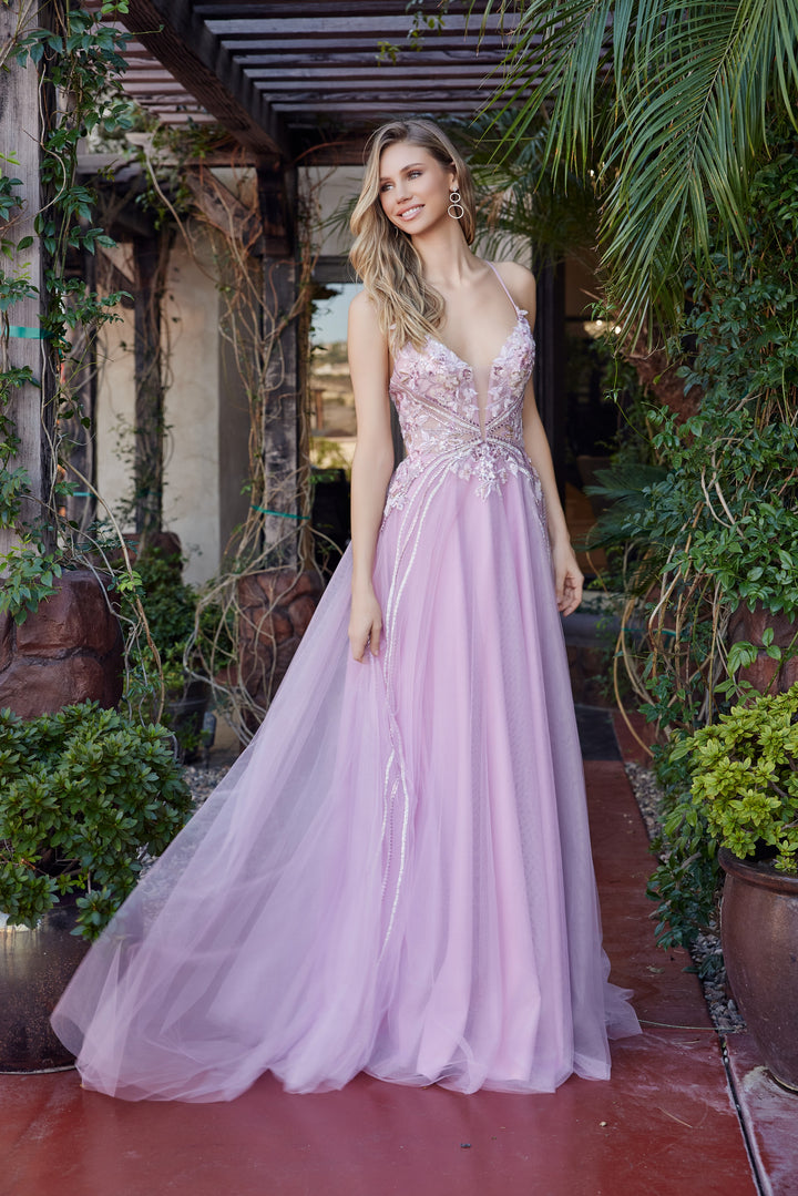 Nox Anabel G1795 fit and flare prom dress with plunging v neckline