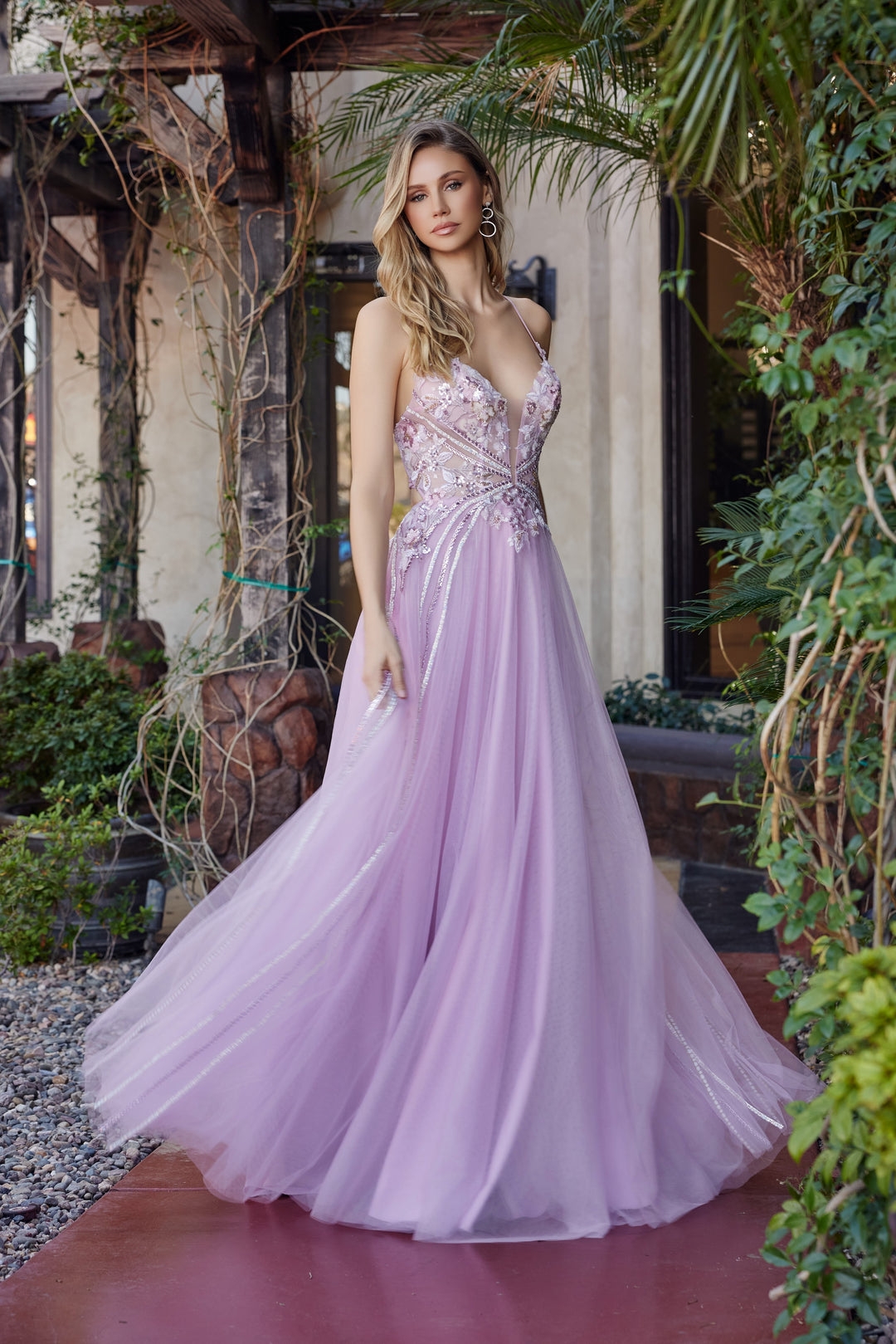 Nox Anabel G1795 fit and flare prom dress with plunging v neckline
