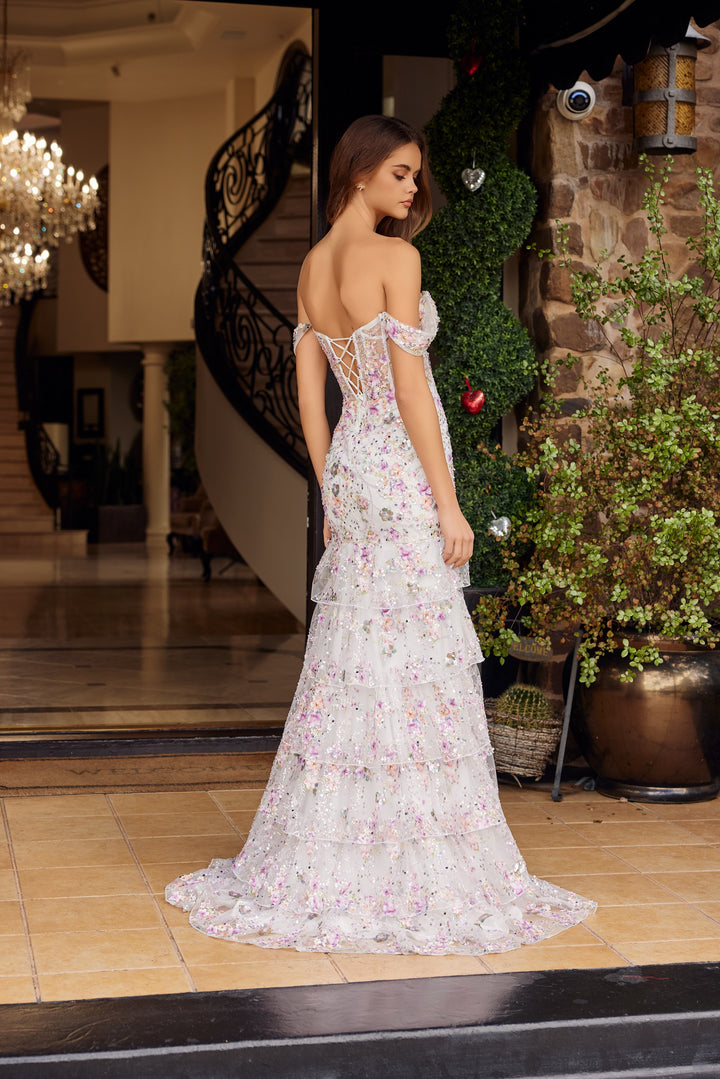 Nox Anabel G1916 fit and flare prom dress with off shoulder straps
