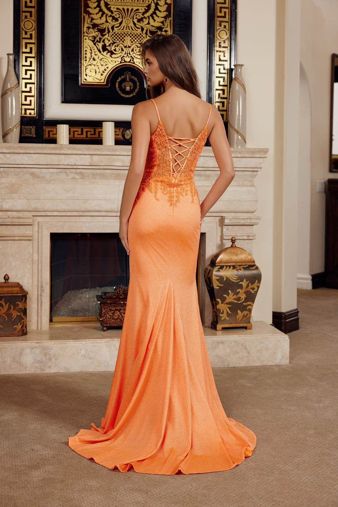 Nox Anabel H1875 prom dress with high slit and spaghetti straps