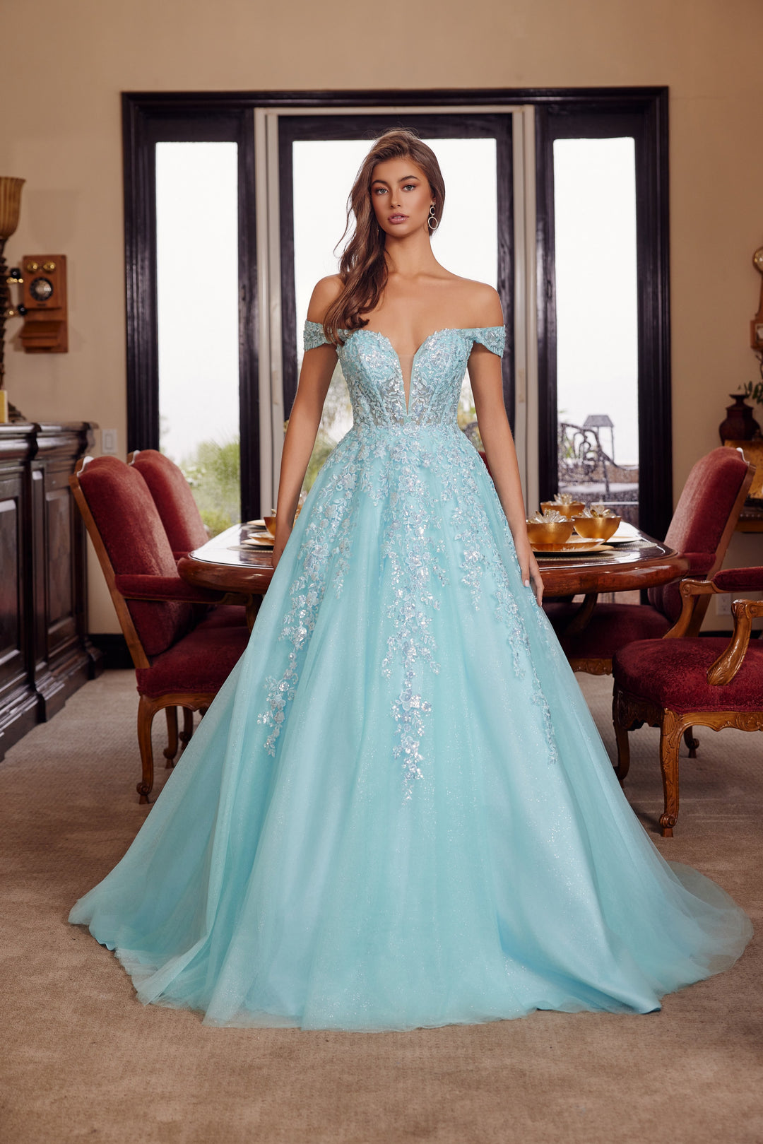 Nox Anabel H1881 prom dress with plunging v neckline and court train