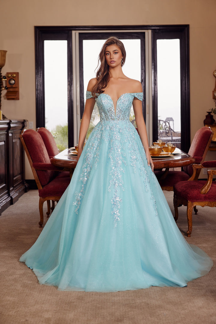 Nox Anabel H1881 prom dress with plunging v neckline and court train