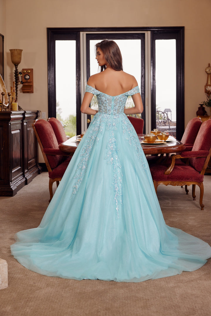 Nox Anabel H1881 prom dress with plunging v neckline and court train
