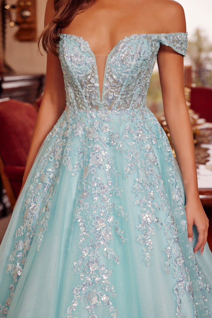 Nox Anabel H1881 prom dress with plunging v neckline and court train