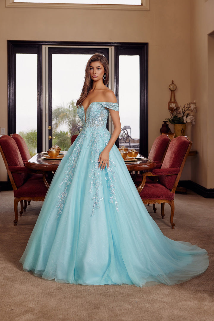 Nox Anabel H1881 prom dress with plunging v neckline and court train