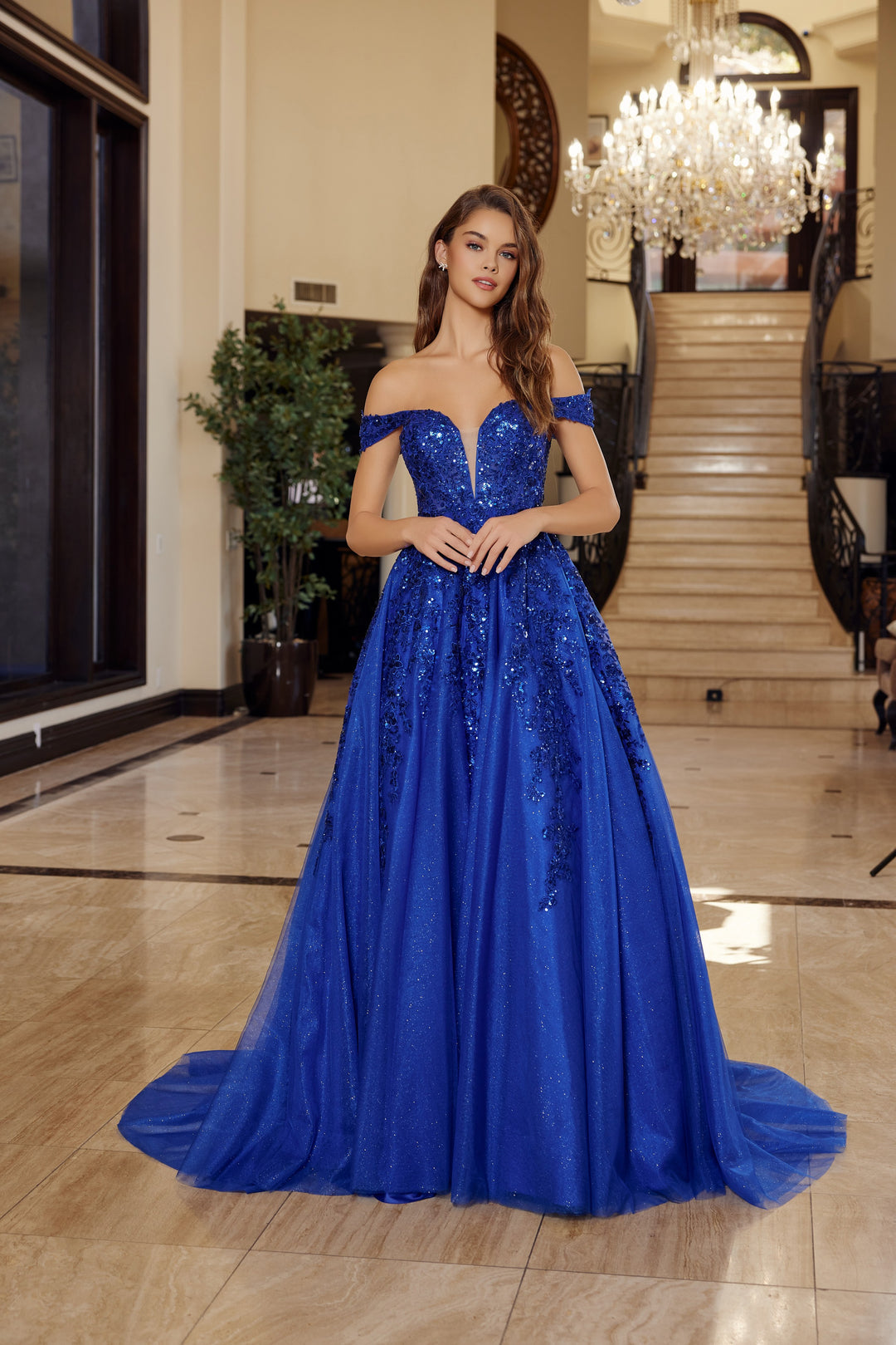 Nox Anabel H1881 prom dress with plunging v neckline and court train